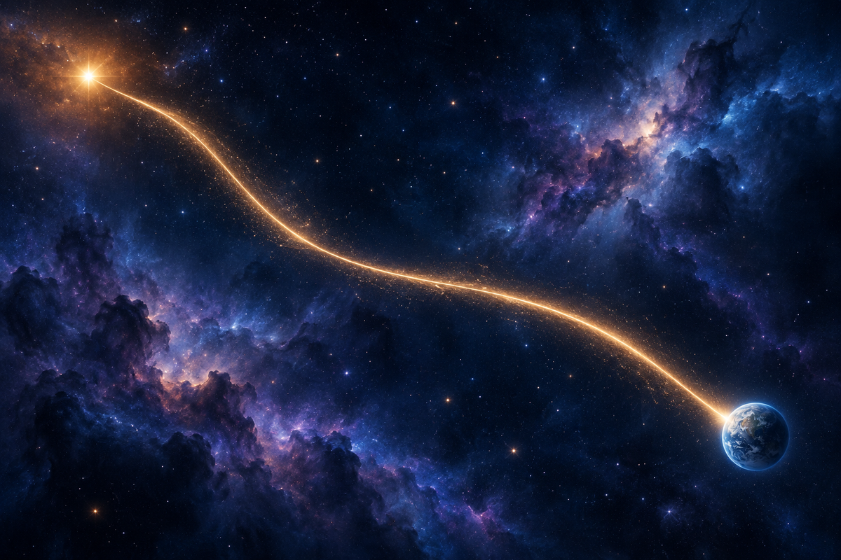 Conceptual golden trail of light between a distant star and Earth against a navy and violet space background; not to scale.