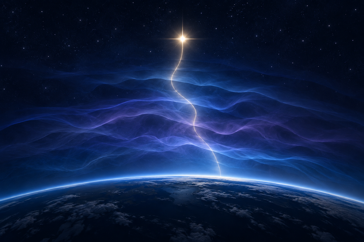 Conceptual illustration of starlight bending through blue and violet atmospheric layers above Earth's curved horizon; not to scale.
