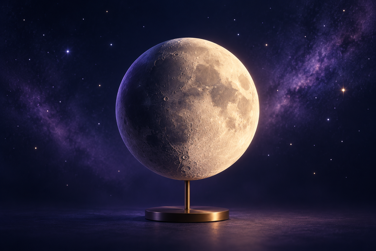 Conceptual illustration of a partly illuminated lunar globe on a stand against a navy and violet background.