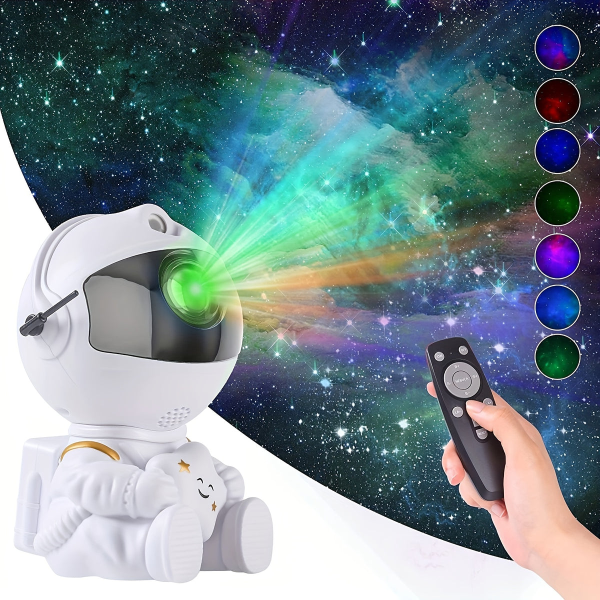 white sitting astronaut nebula projector filling a living room ceiling with colorful nebula clouds – view 4