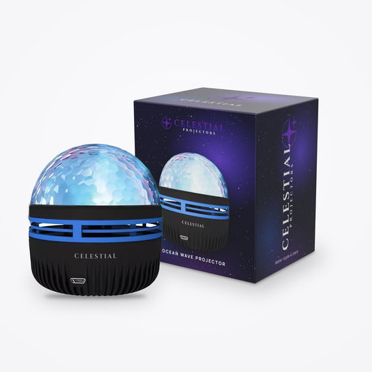 Ocean Wave Projector by Celestial Projectors with its branded gift box