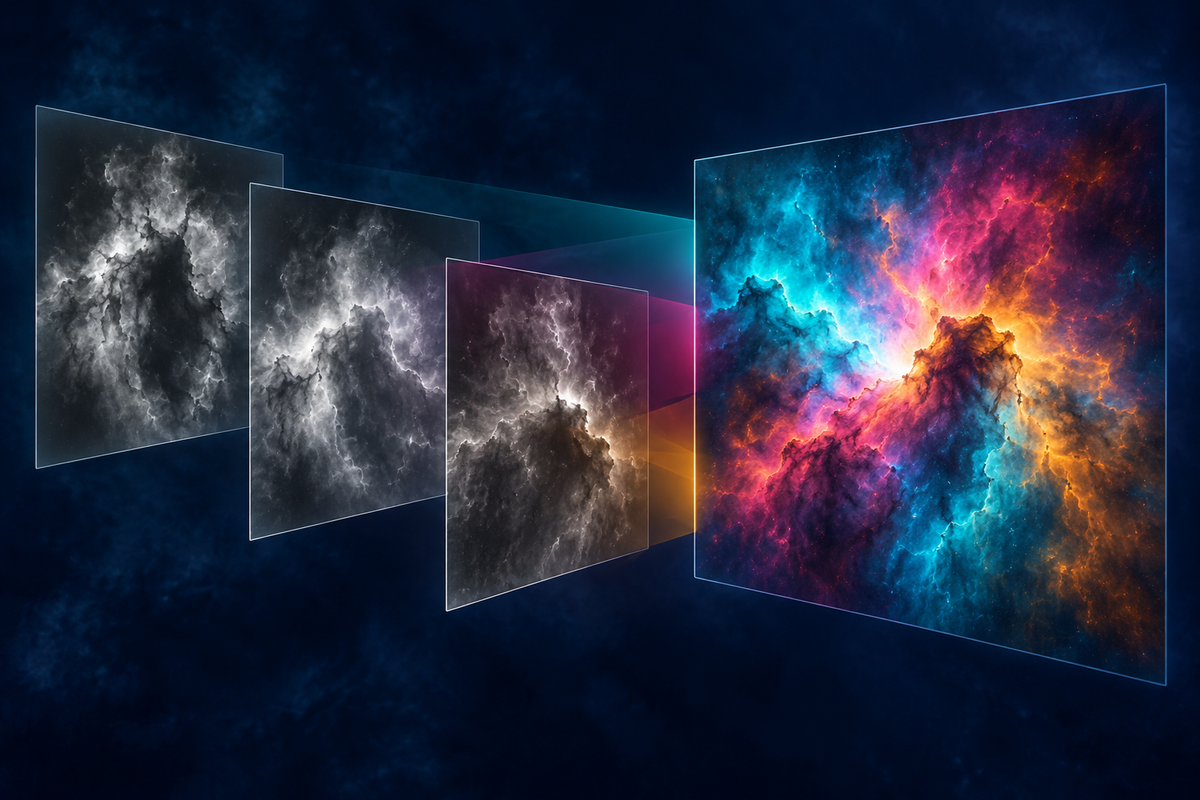 Original conceptual illustration of grayscale cosmic image layers combined into an assigned-color view, not actual telescope data.