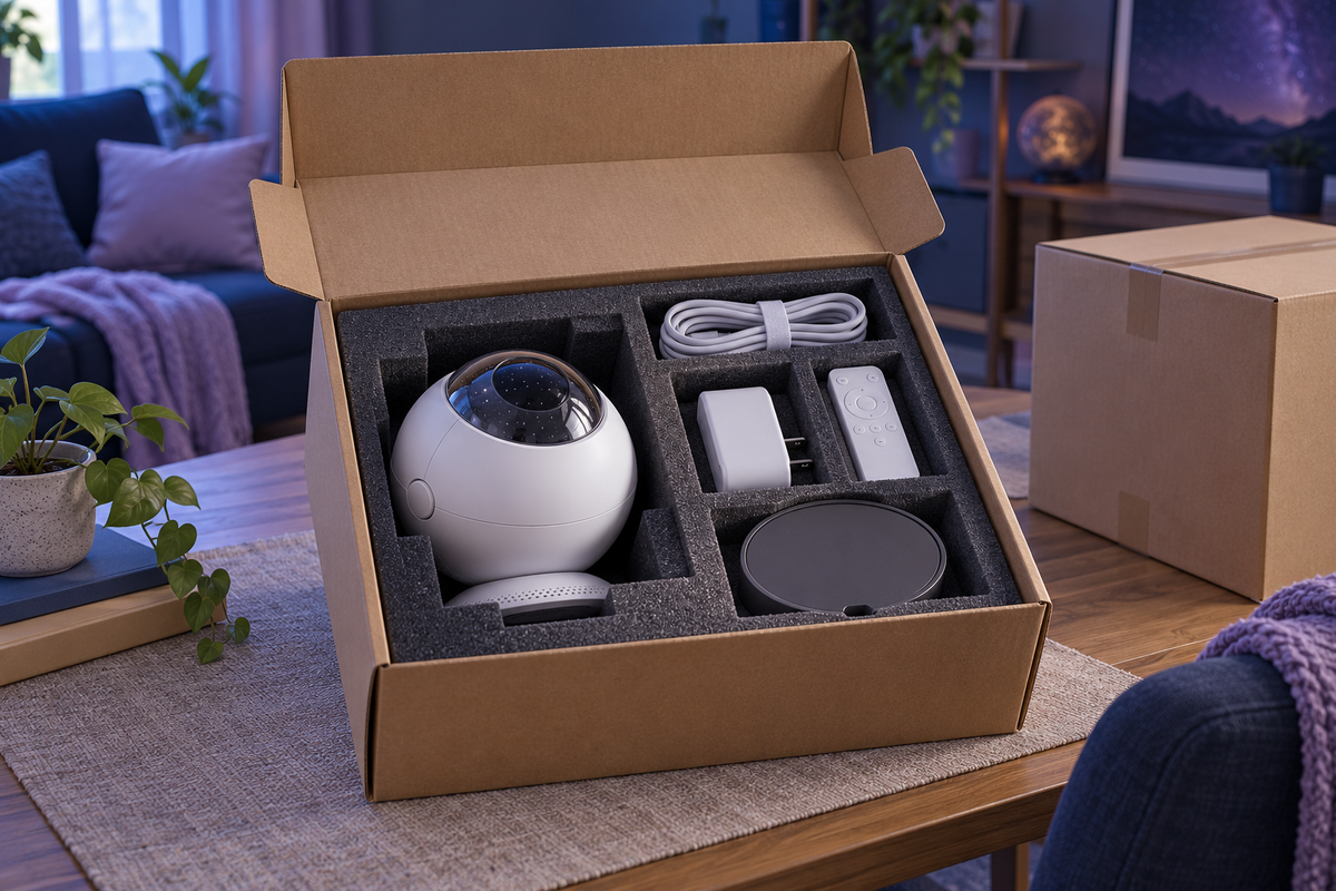 Original illustration of a star projector and separated accessories cushioned inside a moving box.