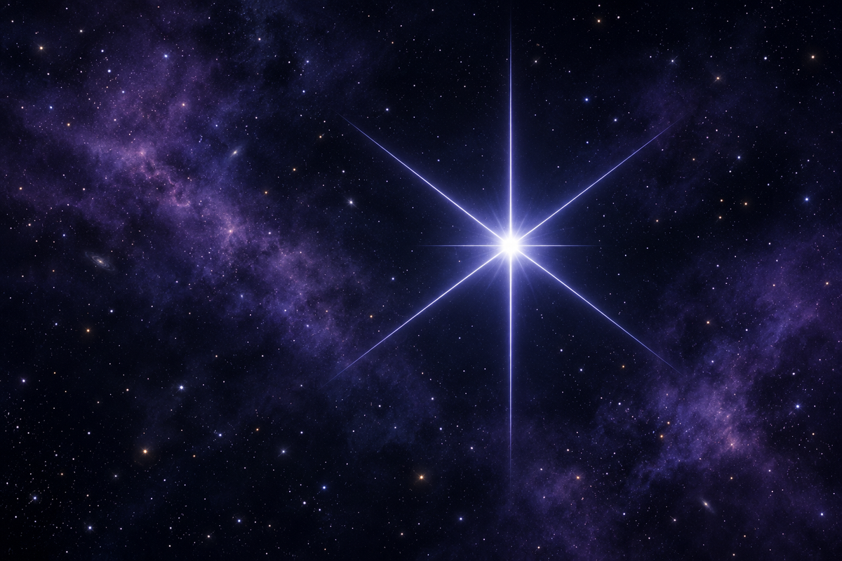 Original conceptual illustration of a bright point with six prominent rays and two shorter horizontal rays, not actual telescope data.