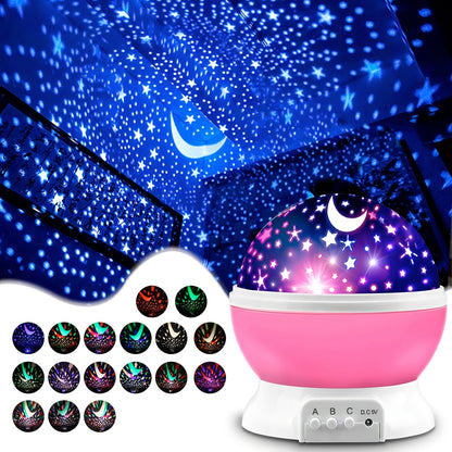 pink rotating star and moon projector night light casting stars on a kid's bedroom wall – view 4