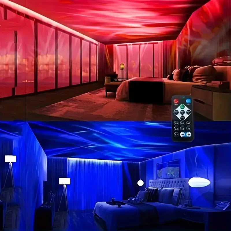 aurora star projector casting rotating northern lights and stars across a bedroom ceiling – view 3