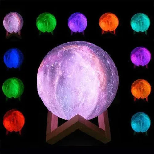 galaxy moon lamp with 3D printed lunar surface glowing on a nightstand in a dark bedroom – view 3