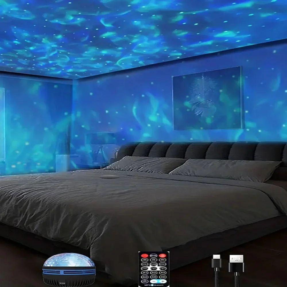 ocean wave projector casting rippling water light across a bedroom wall and ceiling – view 2