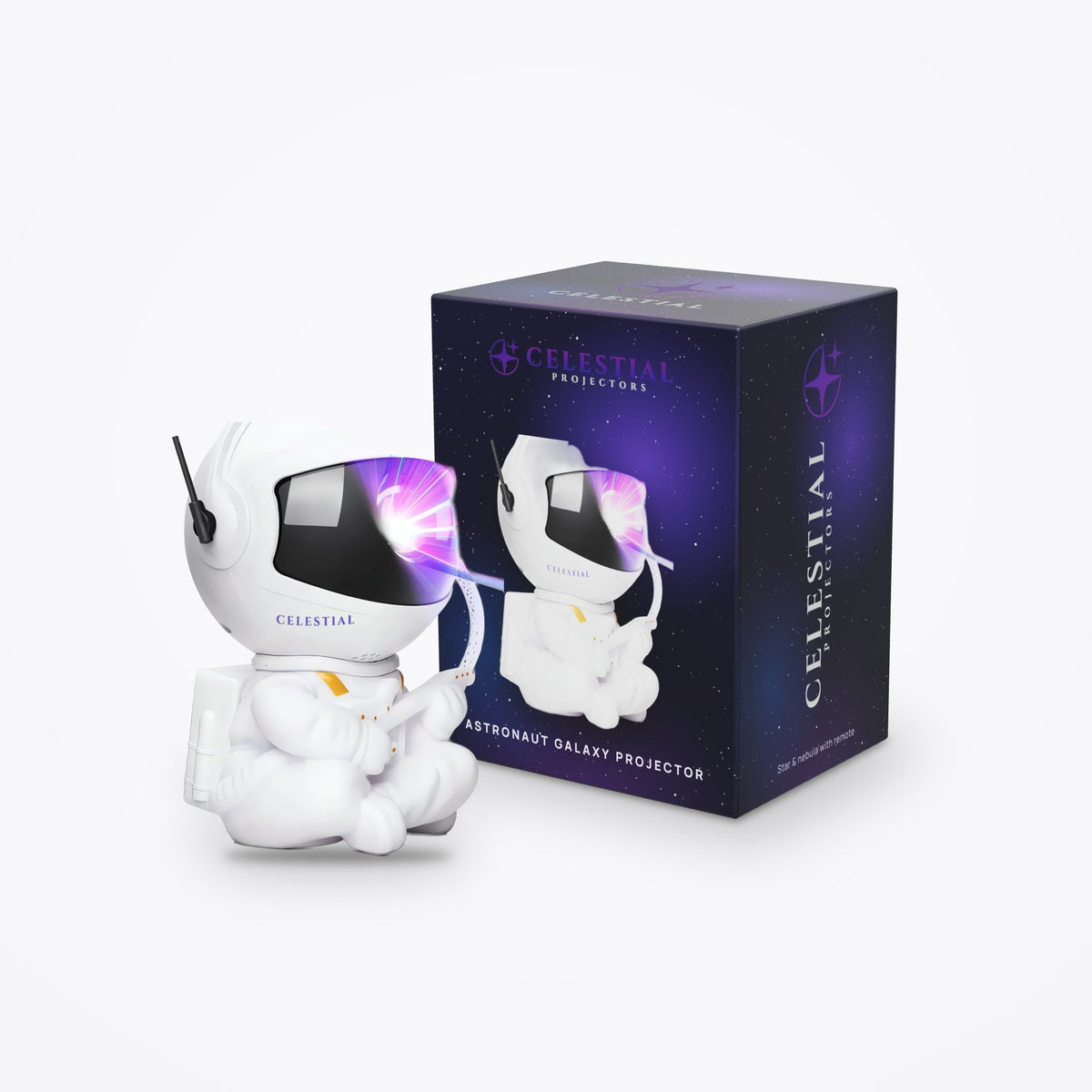Astronaut Galaxy Projector by Celestial Projectors with its branded gift box