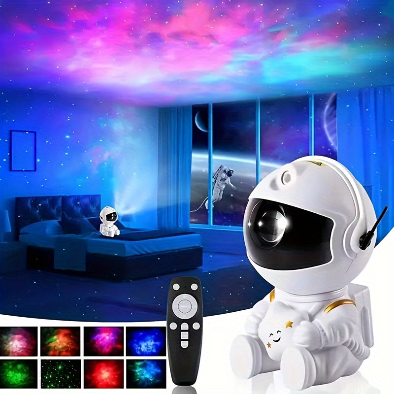 sitting astronaut projector with a guitar casting nebula clouds and stars over a desk at night – view 9
