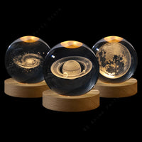 3D Crystal Ball Night Light – Laser-Engraved Planets on a Wood Base