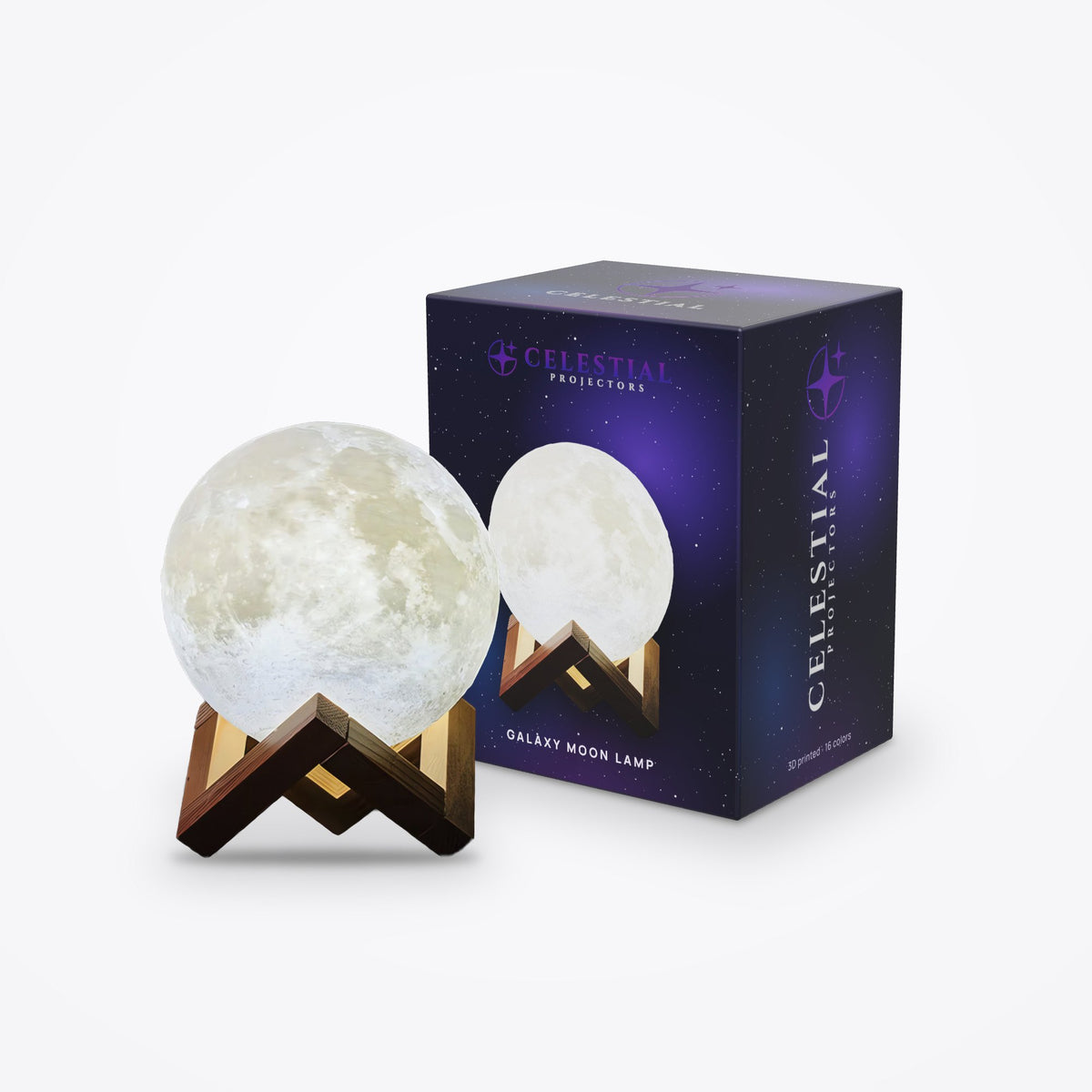 Galaxy Moon Lamp by Celestial Projectors with its branded gift box