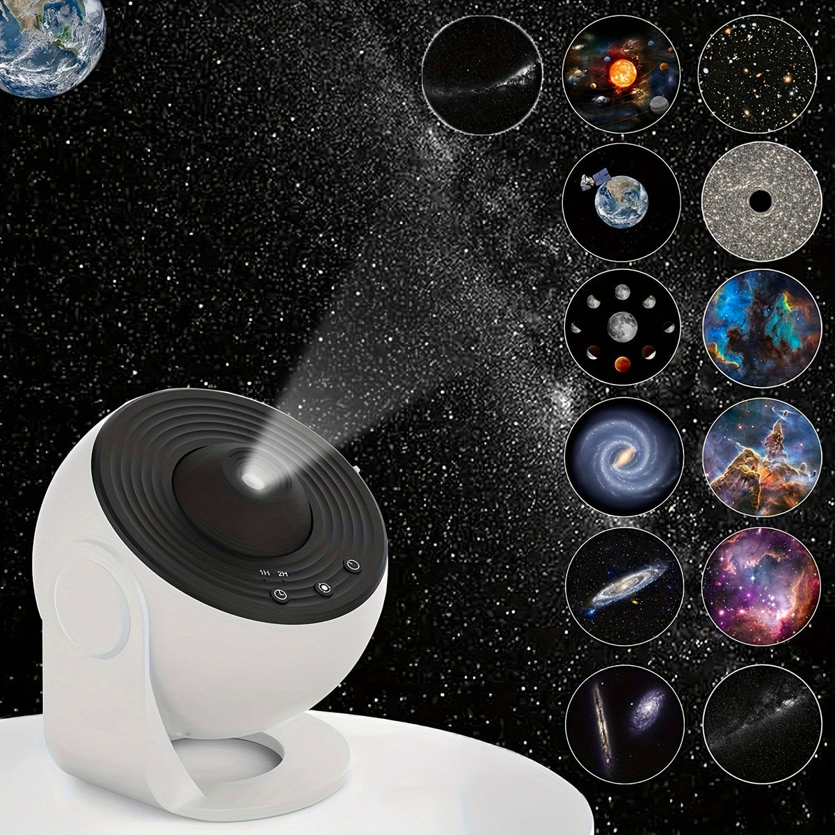 planetarium star projector showing real constellations and planets across a dark bedroom ceiling