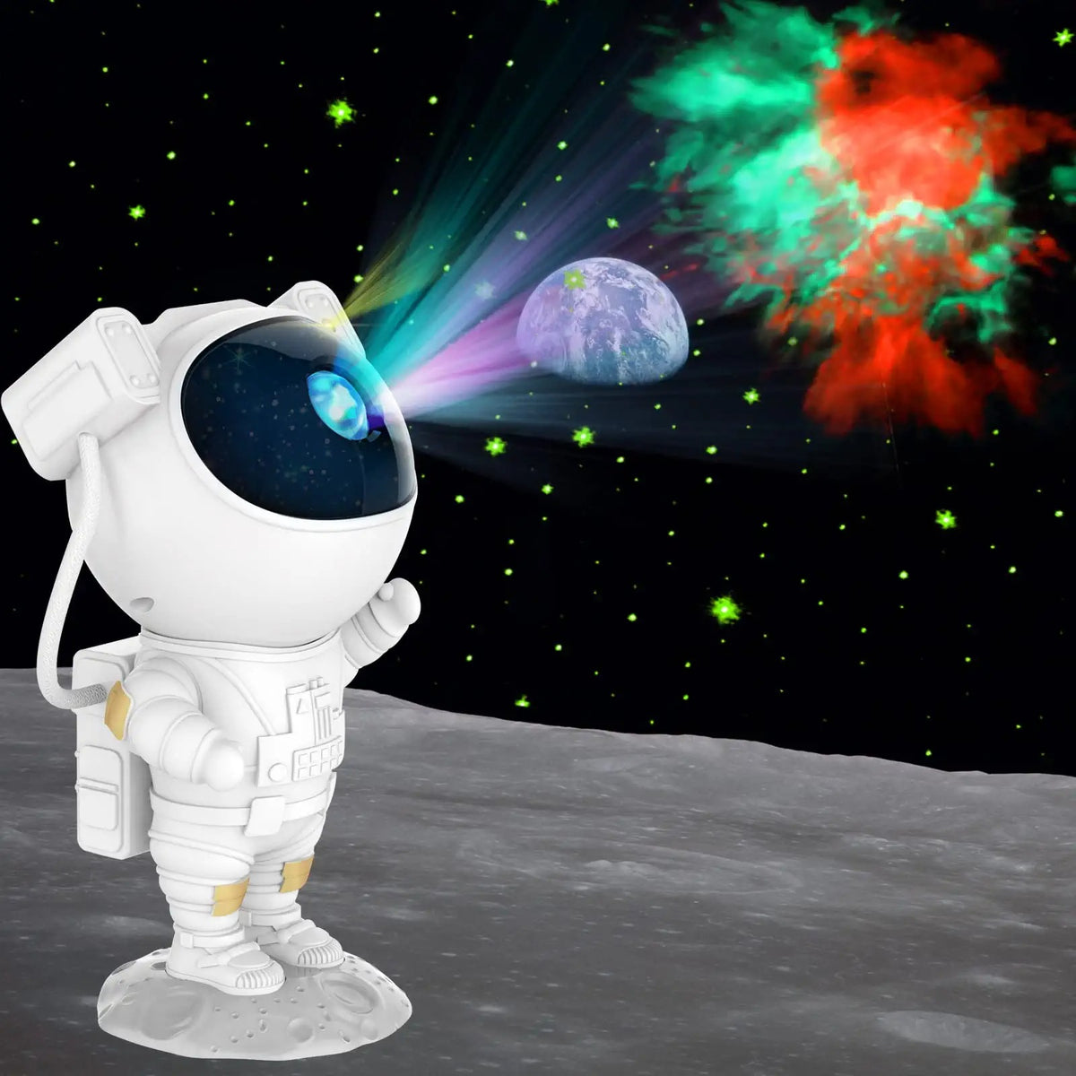 standing astronaut starry sky projector casting stars and galaxy light over a kid's bedroom – view 2
